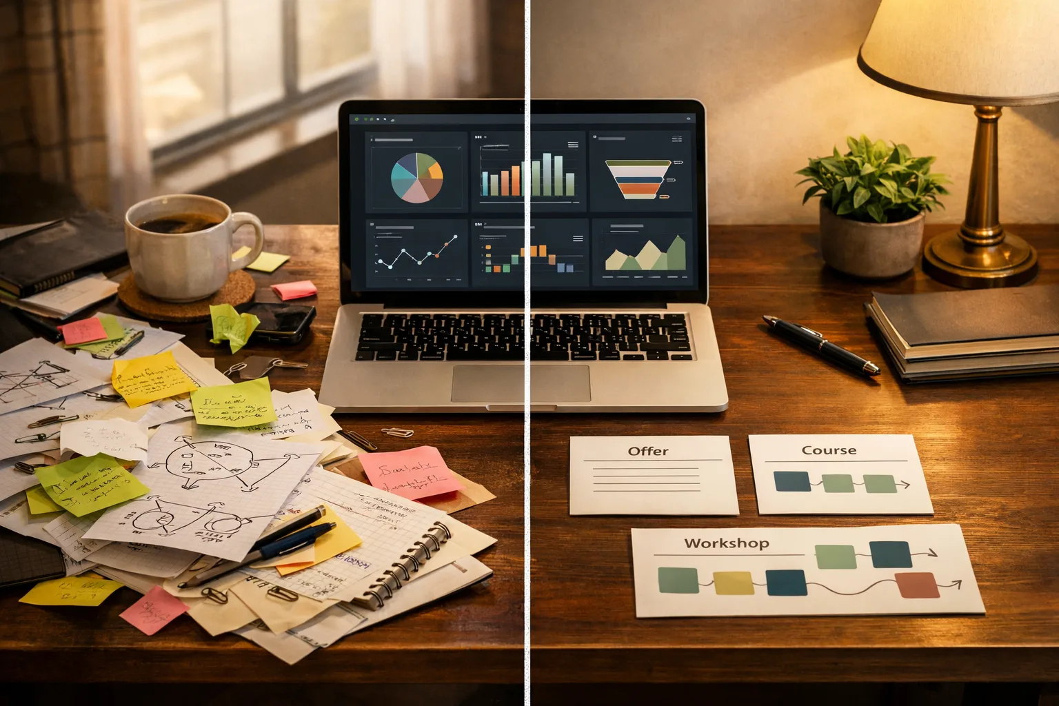 AI course and content workflow cards on a warm operator desk