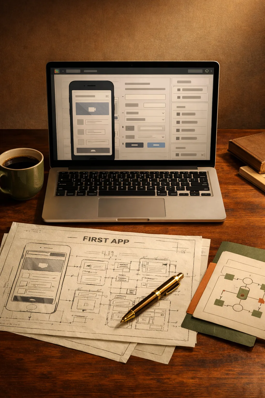 A blueprint for a first AI-built app with screens, notes, and workflow cards